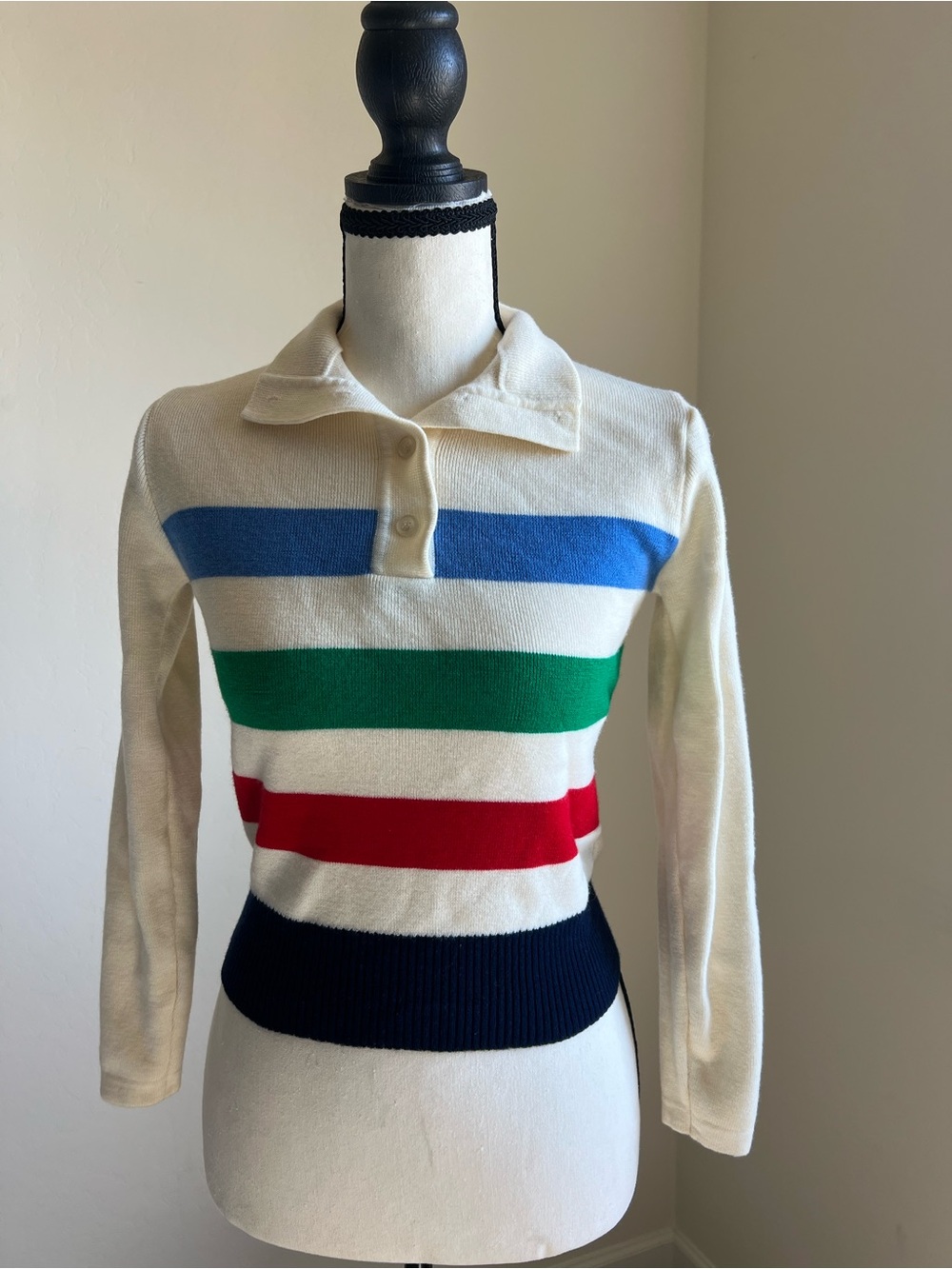 Vintage Meister 100% Wool Striped Knit Polo Sweater Size 34/S Made Hong Kong